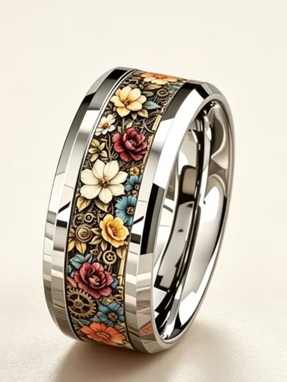 Floral Steampunk Stainless Steel Men's Ring - Multicolor